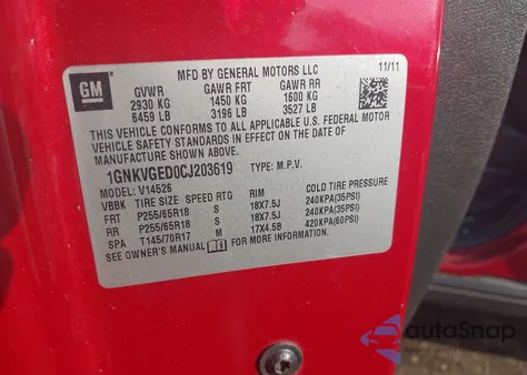 2012 Chevrolet Traverse 1Lt z USA, uszkodzony, nr VIN 1GNKVGED0CJ203619